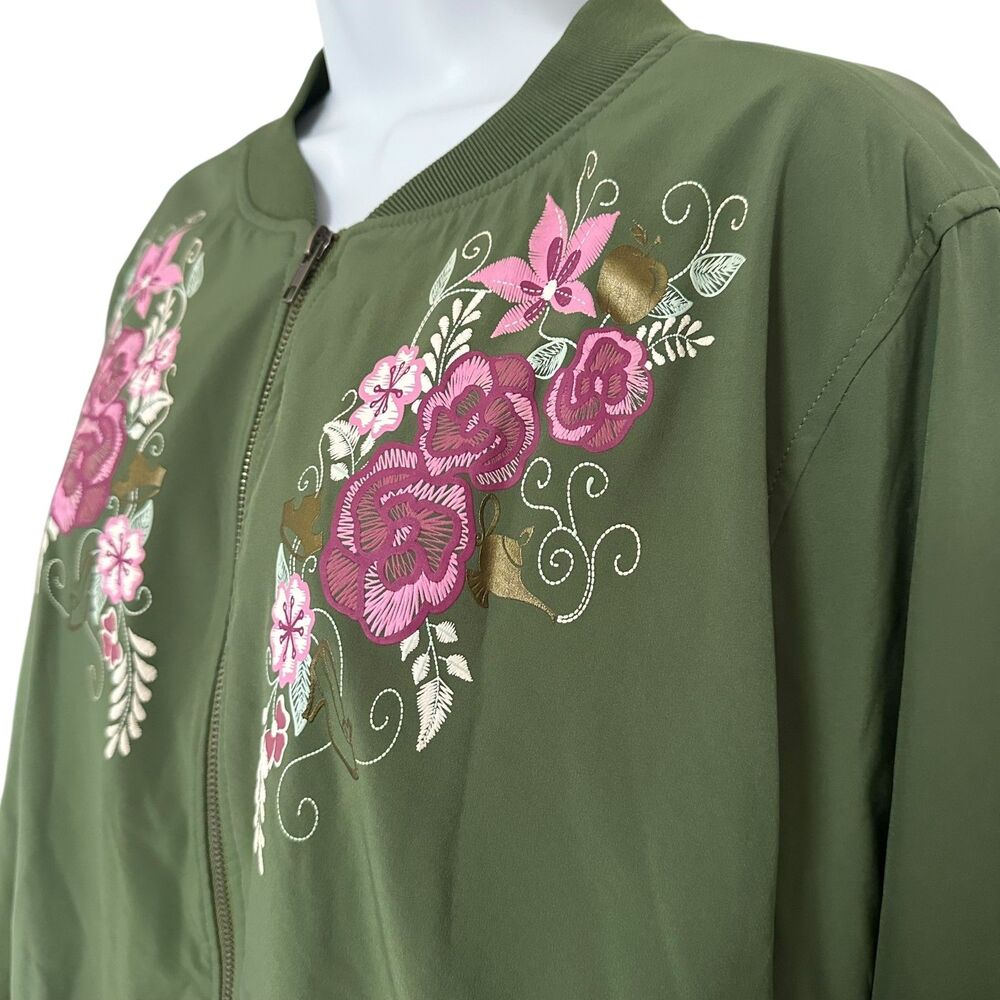 Disney Green Pink Floral Embroidered Ruffle Bomber Jacket Torrid Size 2 (XXL) - Picture 2 of 10